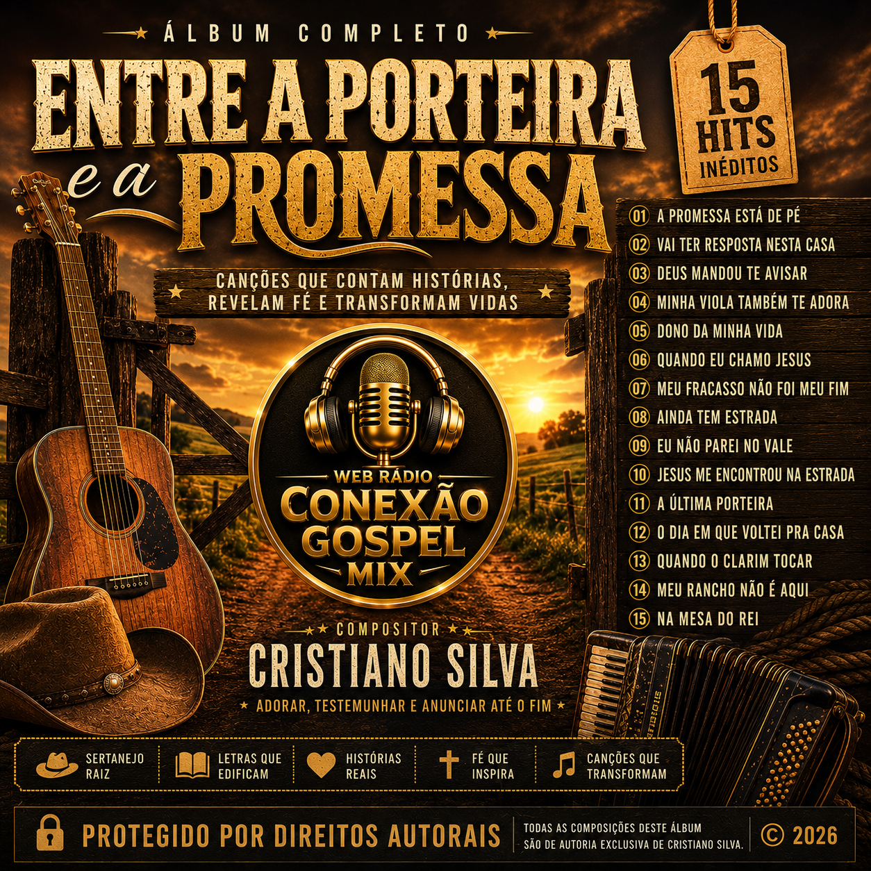 Capa do álbum Entre a Porteira e a Promessa, de Cristiano Silva, com 15 louvores sertanejos
